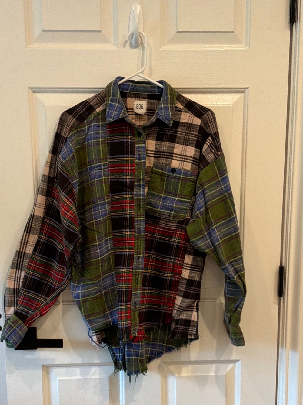 BDG Multi-Plaid Flannel Button-Up Jacket in Green, Blue, Red